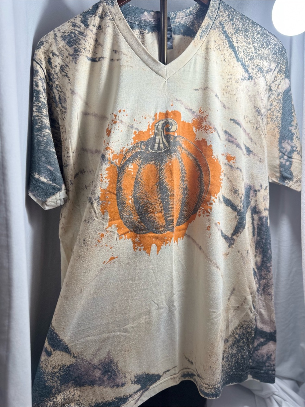 Fall Tultex Cream V-Neck Tee with Orange Pumpkin Graphic